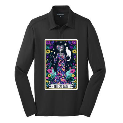 The Cat Lady Tarot Card Halloween Skeleton Skul Occult Magic Silk Touch Performance Long Sleeve Polo