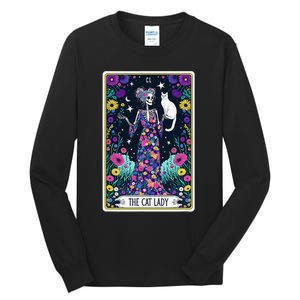 The Cat Lady Tarot Card Halloween Skeleton Skul Occult Magic Tall Long Sleeve T-Shirt