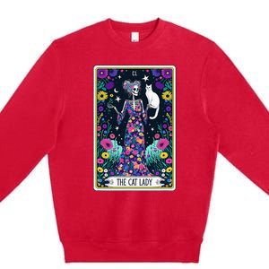 The Cat Lady Tarot Card Halloween Skeleton Skul Occult Magic Premium Crewneck Sweatshirt