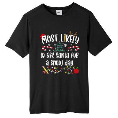 Teacher Christmas Most Likely To Ask Santa Snow Day Cu Gift Tall Fusion ChromaSoft Performance T-Shirt