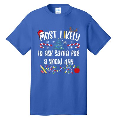 Teacher Christmas Most Likely To Ask Santa Snow Day Cu Gift Tall T-Shirt