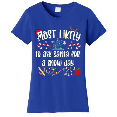 Teacher Christmas Most Likely To Ask Santa Snow Day Cu Gift Women's T-Shirt