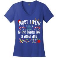 Teacher Christmas Most Likely To Ask Santa Snow Day Cu Gift Women's V-Neck T-Shirt