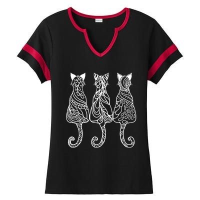 Three Cats Motif Paisley Cute Animal Cat Lovers Artists Ladies Halftime Notch Neck Tee