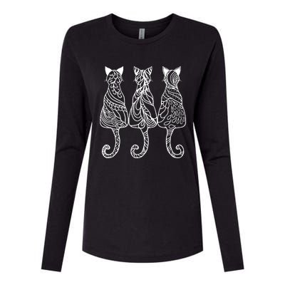 Three Cats Motif Paisley Cute Animal Cat Lovers Artists Womens Cotton Relaxed Long Sleeve T-Shirt