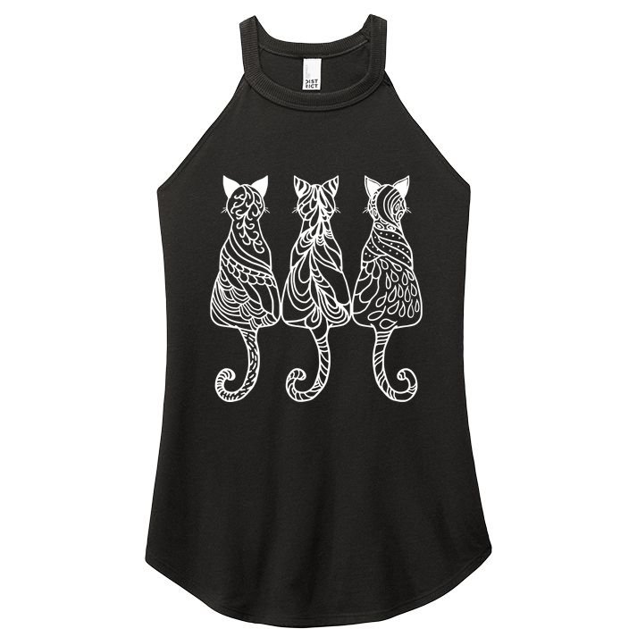Three Cats Motif Paisley Cute Animal Cat Lovers Artists Women's Perfect Tri Rocker Tank