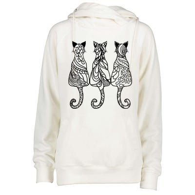 Three Cats Motif Paisley Cute Animal Cat Lovers Artists Womens Funnel Neck Pullover Hood