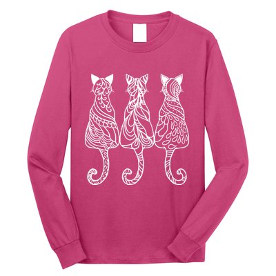 Three Cats Motif Paisley Cute Animal Cat Lovers Artists Long Sleeve Shirt