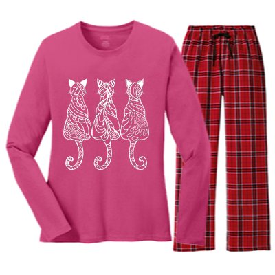 Three Cats Motif Paisley Cute Animal Cat Lovers Artists Women's Long Sleeve Flannel Pajama Set 