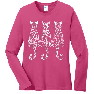 Three Cats Motif Paisley Cute Animal Cat Lovers Artists Ladies Long Sleeve Shirt