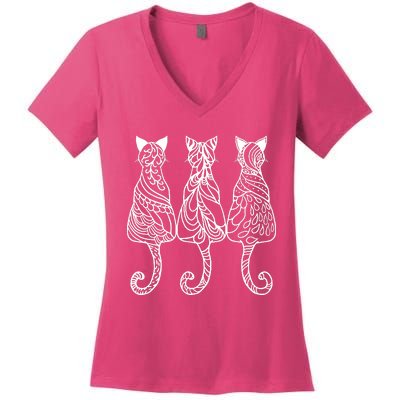 Three Cats Motif Paisley Cute Animal Cat Lovers Artists Women's V-Neck T-Shirt