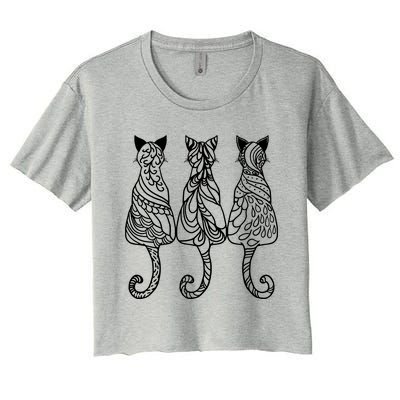 Three Cats Motif Paisley Cute Animal Cat Lovers Artists Women's Crop Top Tee