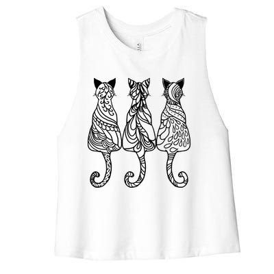 Three Cats Motif Paisley Cute Animal Cat Lovers Artists Women's Racerback Cropped Tank