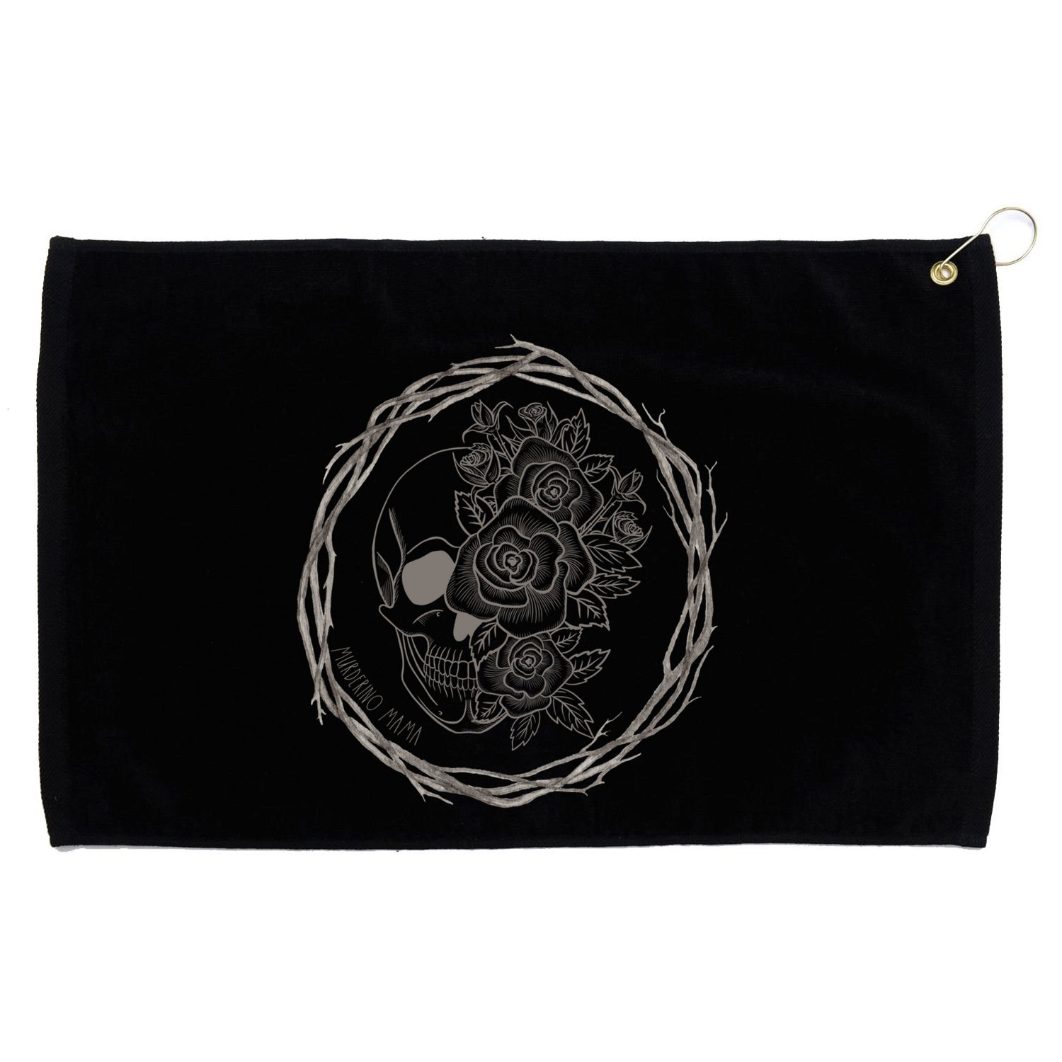 True Crime Mom Murderino Mama Black Skull Wreath Crime Show Gift Grommeted Golf Towel