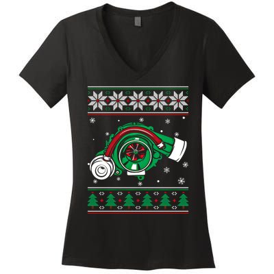 Turbo Car Mechanic Matching Ugly Christmas Racing Drifting Gift Women's V-Neck T-Shirt