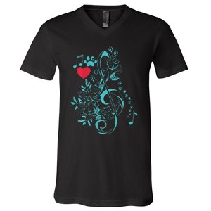 Treble Clef Music Paws V-Neck T-Shirt