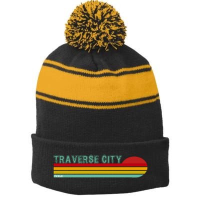 Traverse City Michigan Stripe Pom Pom Beanie