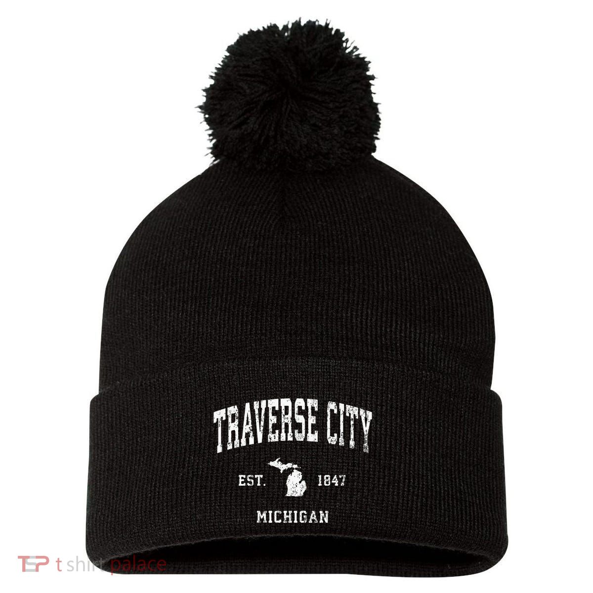 Traverse City Michigan Mi Vintage Athletic Sports Design Pom Pom 12in Knit Beanie