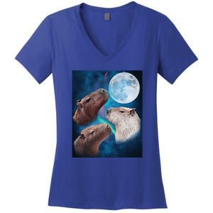 Three Capybaras Moon And Nighttime Sky Women's V-Neck T-Shirt