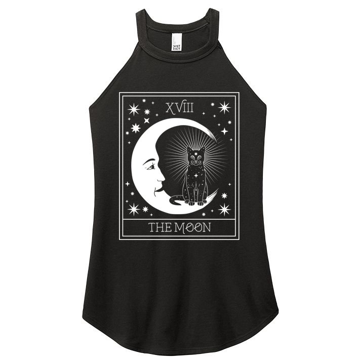 Tarot Card Moon And Cat Graphic Wicca Pagan Witch Halloween Funny Gift Women's Perfect Tri Rocker Tank