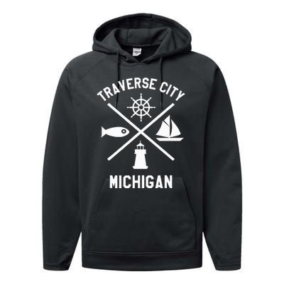 Traverse City Northern Michigan Sailing Boating Performance Fleece Hoodie