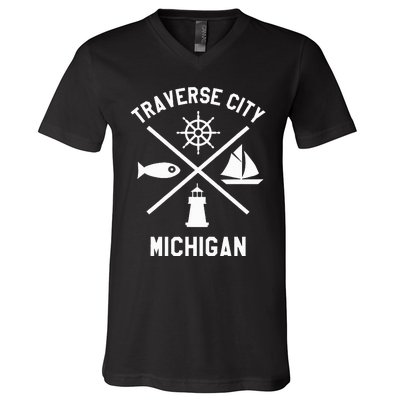 Traverse City Northern Michigan Sailing Boating V-Neck T-Shirt