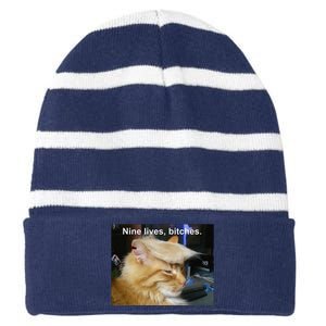 Trump Cat Nine Lives Bitches Striped Beanie with Solid Band