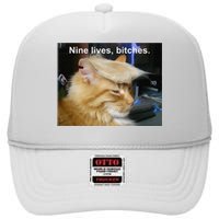 Trump Cat Nine Lives Bitches High Crown Mesh Back Trucker Hat