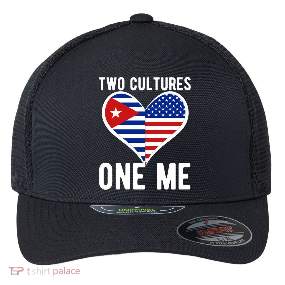 Two Cultures One Me Cuban American Heart Flag Flexfit Unipanel Trucker Cap