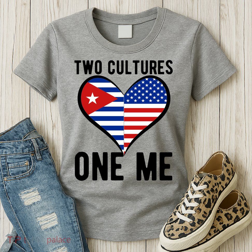 Two Cultures One Me Cuban American Heart Flag Womens T-Shirt