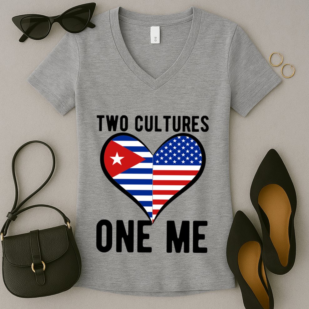Two Cultures One Me Cuban American Heart Flag Women's V-Neck T-Shirt