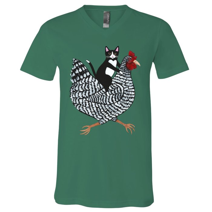 Tuxedo Cat On A Chicken V-Neck T-Shirt