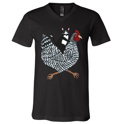 Tuxedo Cat On A Chicken V-Neck T-Shirt