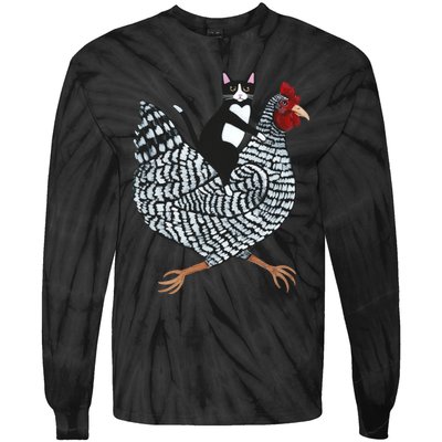 Tuxedo Cat On A Chicken Tie-Dye Long Sleeve Shirt