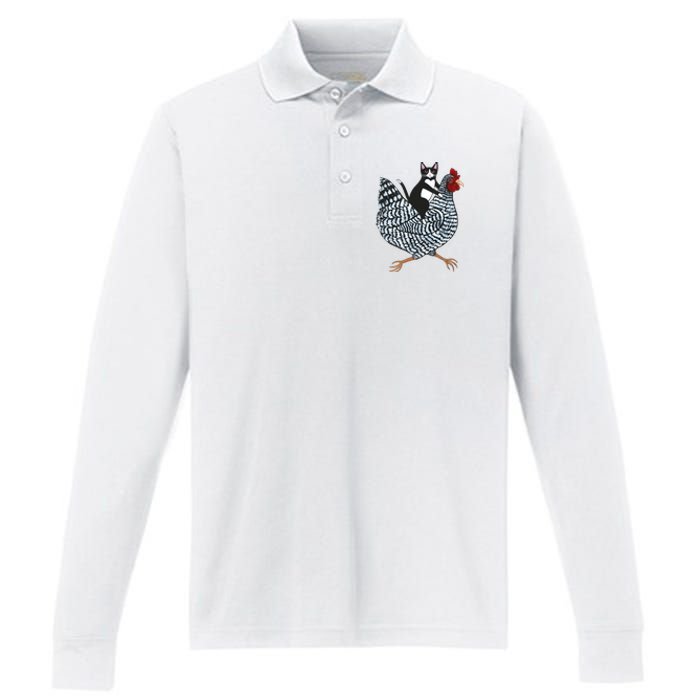 Tuxedo Cat On A Chicken Funny Pet Animal Lover Performance Long Sleeve Polo