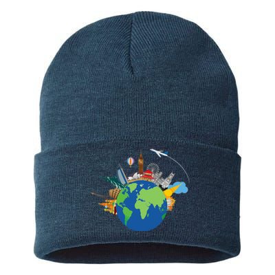 Travel Collage Of Destinations Sights Around The World Sustainable Knit Beanie