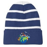 Travel Collage Of Destinations Sights Around The World Striped Beanie with Solid Band