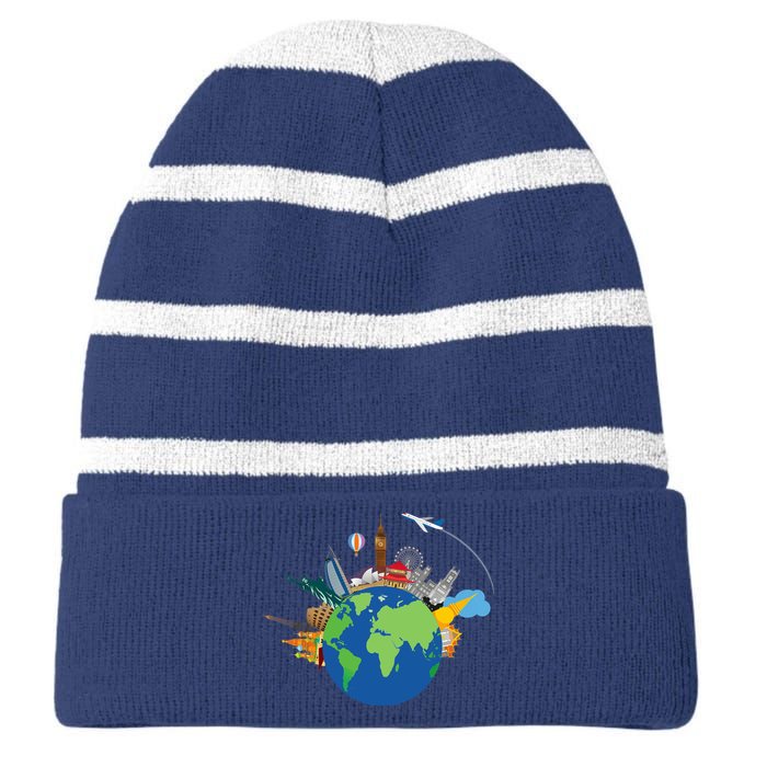 Travel Collage Of Destinations Sights Around The World Striped Beanie with Solid Band