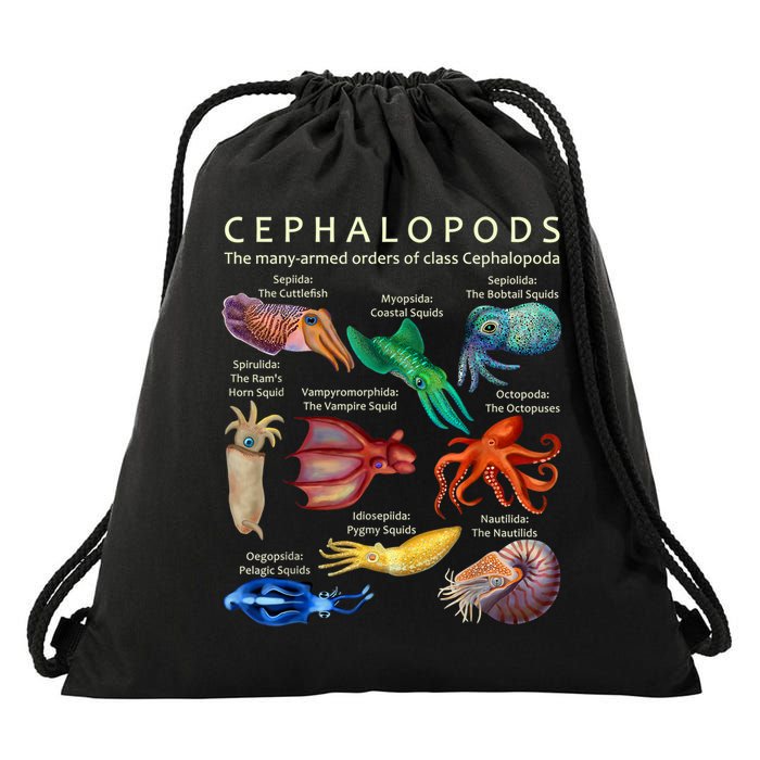 The Cephalopod: Octopus, Squid, Cuttlefish, And Nautilus Drawstring Bag