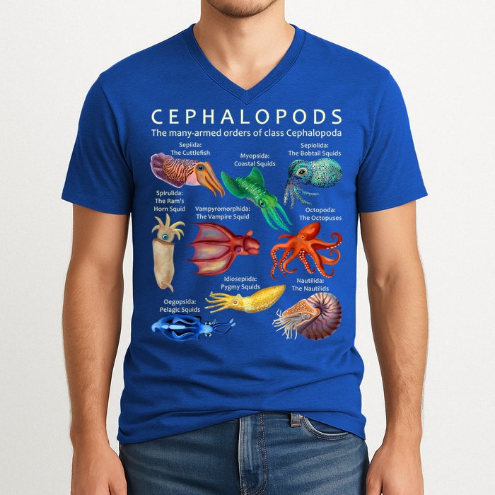 The Cephalopod: Octopus, Squid, Cuttlefish, And Nautilus V-Neck T-Shirt