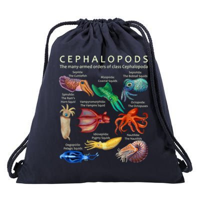 The Cephalopod: Octopus, Squid, Cuttlefish, And Nautilus Drawstring Bag