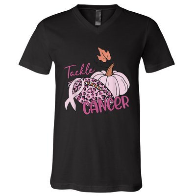 Tackle Cancer Pumpkin Breast Cancer Awareness Football V-Neck T-Shirt