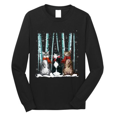 Three Cats Play Snow Winter Funny Cat Lover Merry Christmas Long Sleeve Shirt