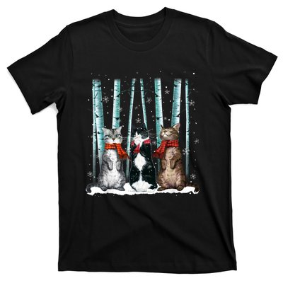 Three Cats Play Snow Winter Funny Cat Lover Merry Christmas T-Shirt