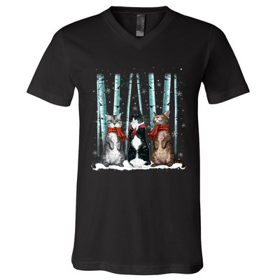 Three Cats Play Snow Winter Funny Cat Lover Merry Christmas V-Neck T-Shirt