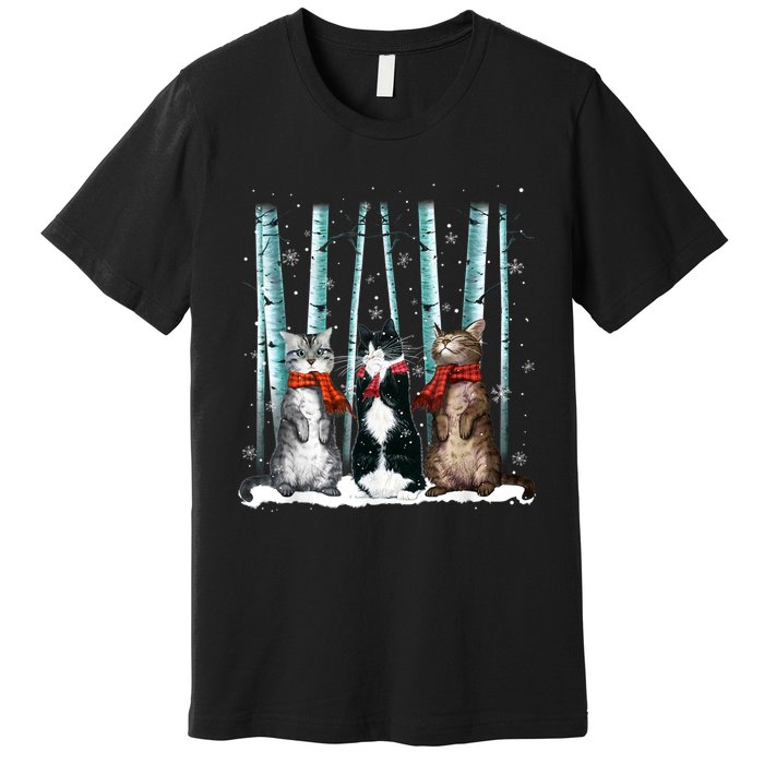 Three Cats Play Snow Winter Funny Cat Lover Merry Christmas Premium T-Shirt