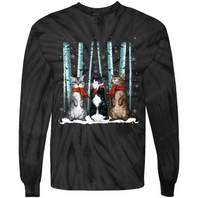 Three Cats Play Snow Winter Funny Cat Lover Merry Christmas Tie-Dye Long Sleeve Shirt