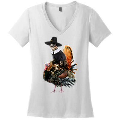 Thanksgiving Cat Pilgrim Costume Thanksgiving Turkey Gift Women's V-Neck T-Shirt