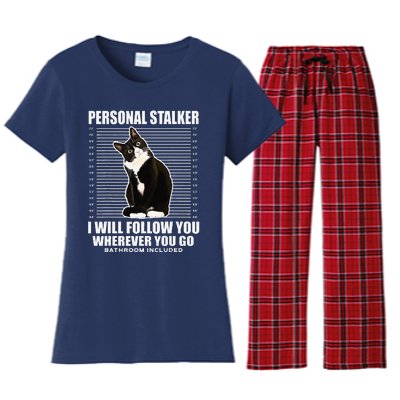 Tuxedo Cat Personal Stalker Funny Cat Kitten Lovers Gift Women's Flannel Pajama Set