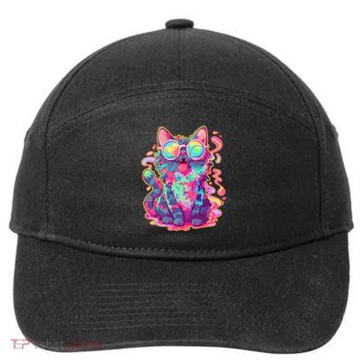 Trippy Crazy Psychedelic Cat Art Edm Rave 7-Panel Snapback Hat